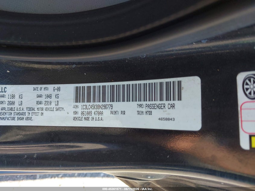2008 Chrysler Sebring Lx VIN: 1C3LC45K88N296779 Lot: 45361571