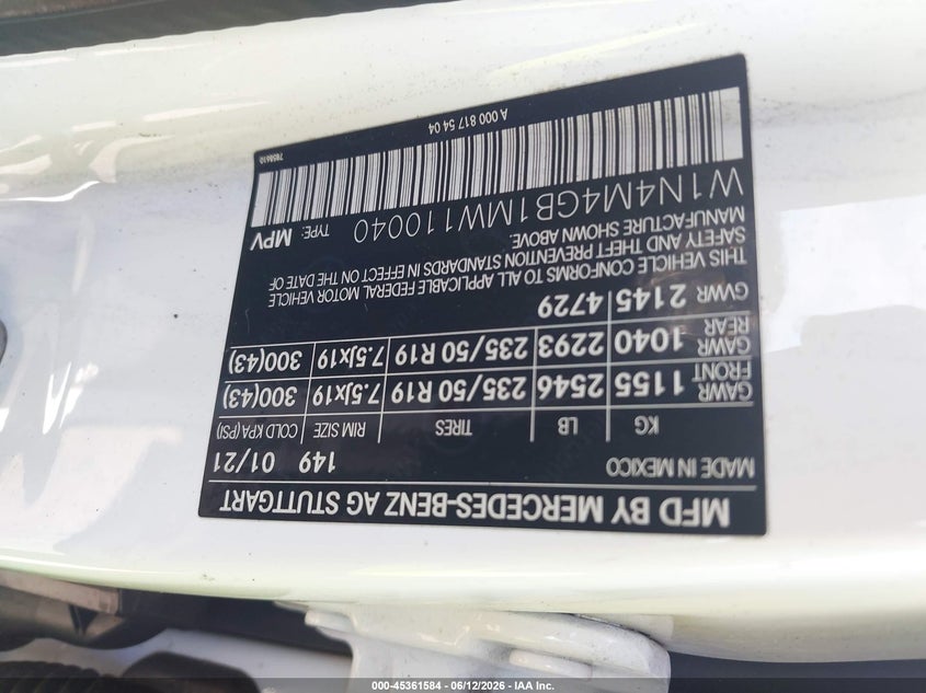 2021 Mercedes-Benz Glb 250 VIN: W1N4M4GB1MW110040 Lot: 45361584