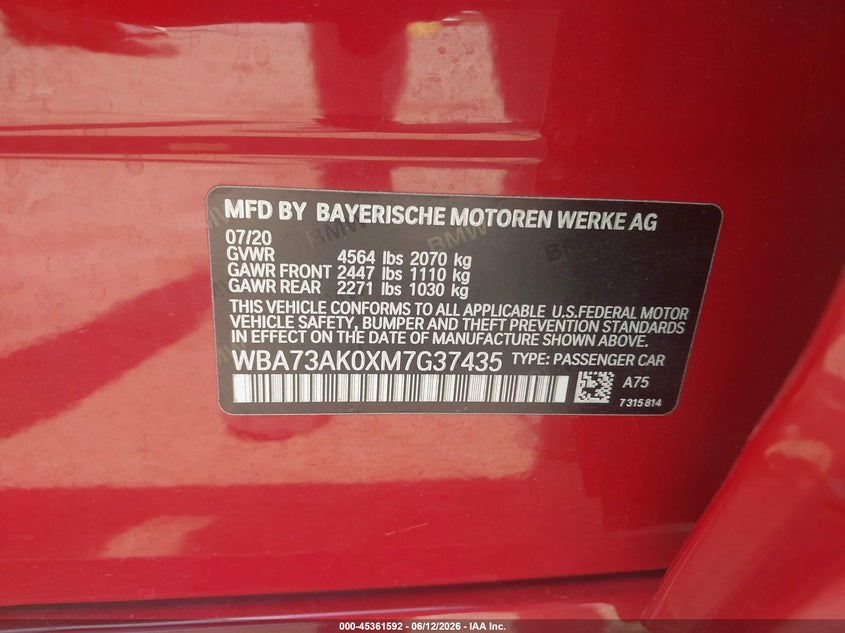 2021 BMW 228I Gran Coupe xDrive VIN: WBA73AK0XM7G37435 Lot: 45361592