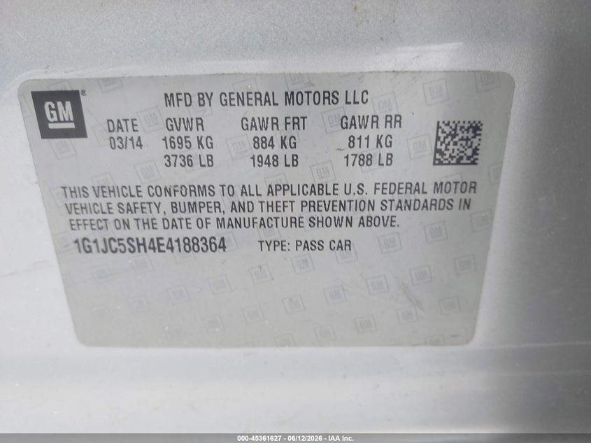 2014 Chevrolet Sonic Lt Auto VIN: 1G1JC5SH4E4188364 Lot: 45361627