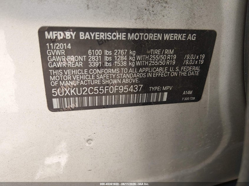 2015 BMW X6 xDrive35I VIN: 5UXKU2C55F0F95437 Lot: 45361659