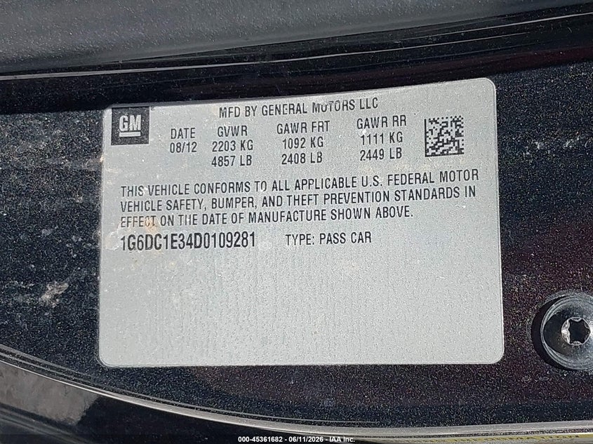 2013 Cadillac Cts Standard VIN: 1G6DC1E34D0109281 Lot: 45361682