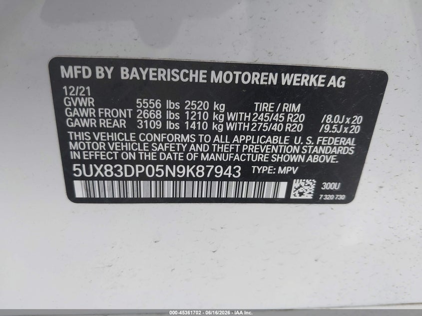 2022 BMW X3 SPORT UTILITY VEHICLE 3.0L I-6 DI, DOHC, VVT, TURBO, 382HP