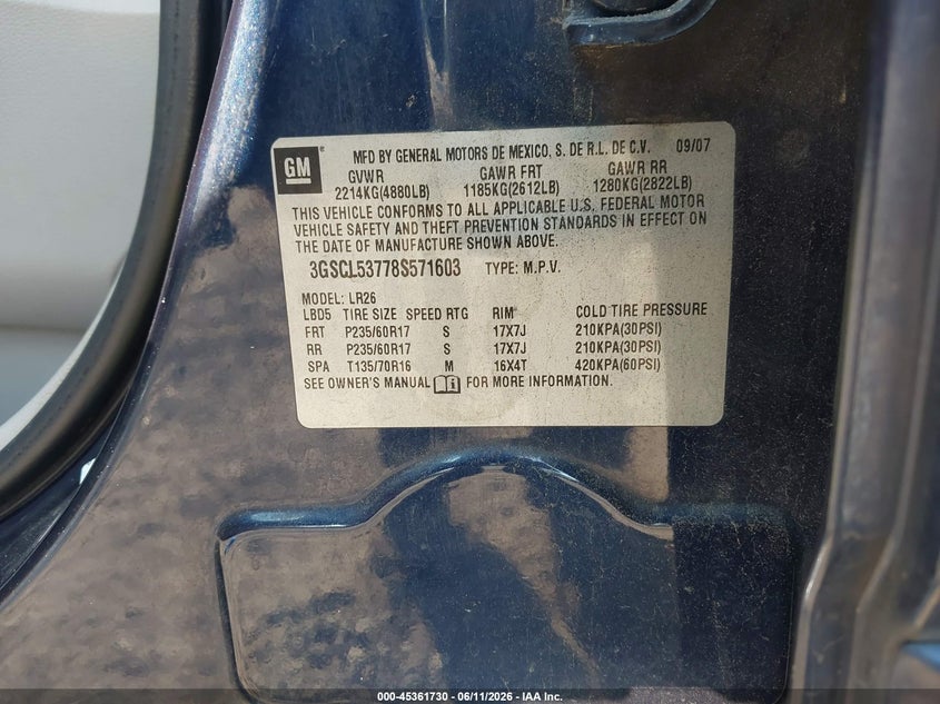 2008 Saturn Vue V6 Xr VIN: 3GSCL53778S571603 Lot: 45361730