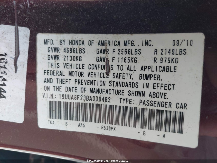 ACURA TL 2011 VIN 19UUA8F23BA000482