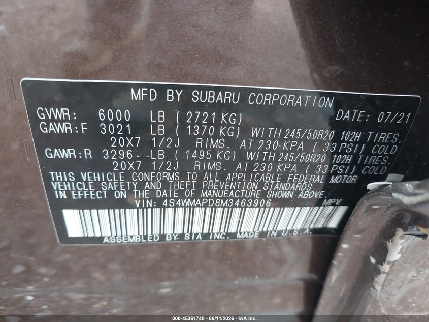 2021 Subaru Ascent Limited VIN: 4S4WMAPD8M3463906 Lot: 45361748