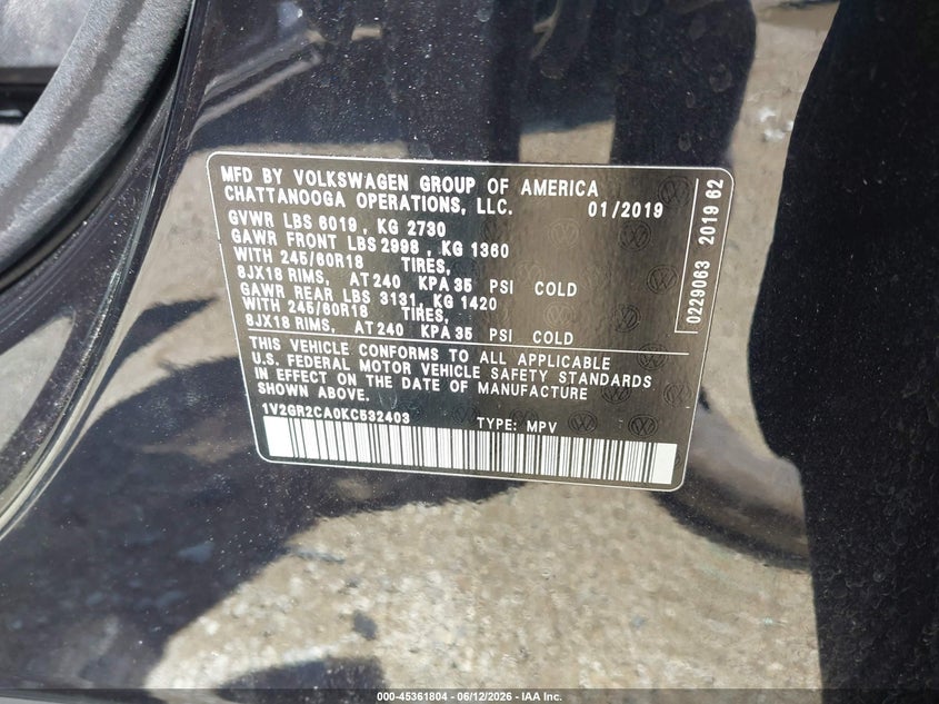 2019 Volkswagen Atlas 3.6L V6 S VIN: 1V2GR2CA0KC532403 Lot: 45361804