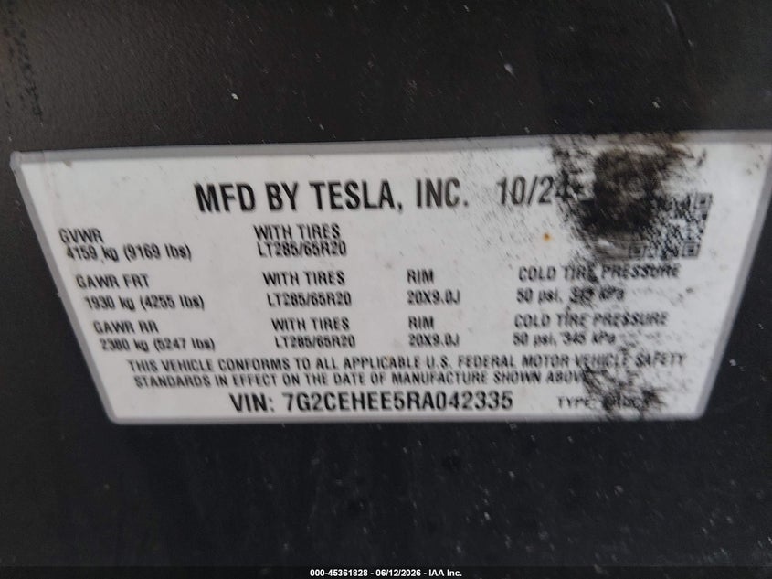 2024 Tesla Cybertruck Cyberbeast VIN: 7G2CEHEE5RA042335 Lot: 45361828