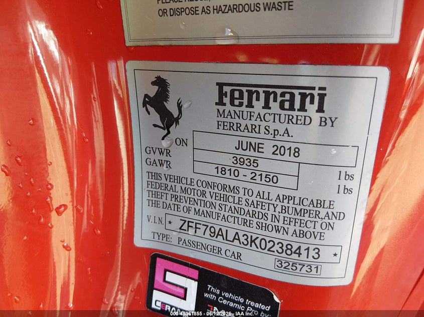 2019 Ferrari 488 Gtb VIN: ZFF79ALA3K0238413 Lot: 45361855