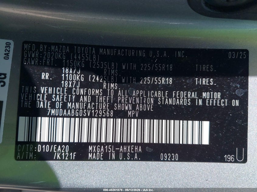 2025 Toyota Corolla Cross Xle VIN: 7MUDAABG0SV129568 Lot: 45361876