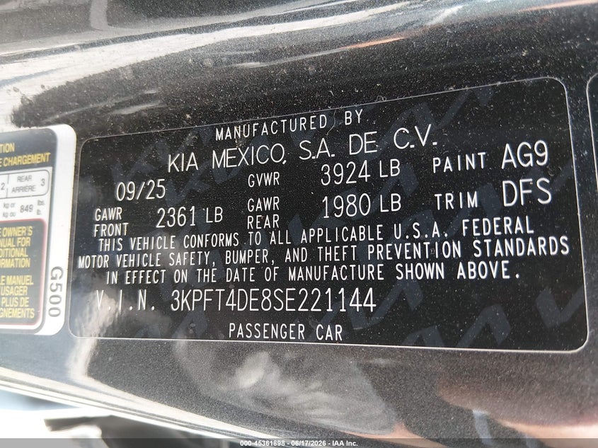 KIA K4 2025 VIN 3KPFT4DE8SE221144