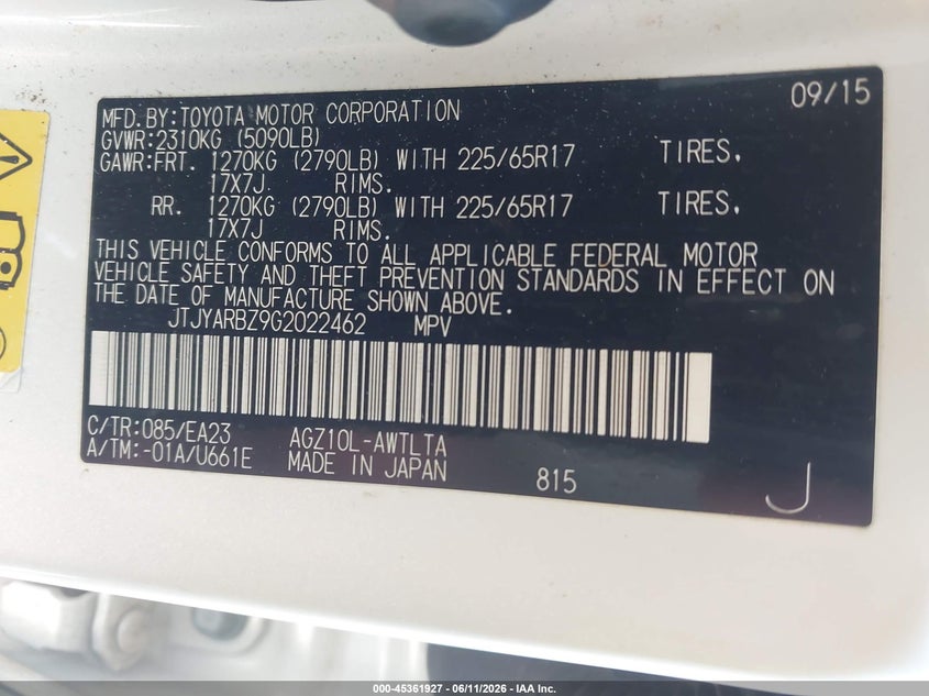 2016 Lexus Nx 200T VIN: JTJYARBZ9G2022462 Lot: 45361927