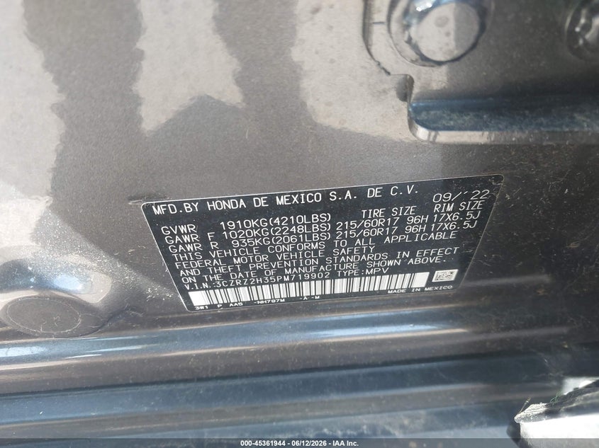HONDA HR-V 2023 VIN 3CZRZ2H35PM719902