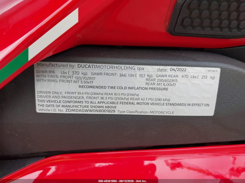 2022 Ducati Panigale V4S VIN: ZDMDAGWW0NB001829 Lot: 45361960