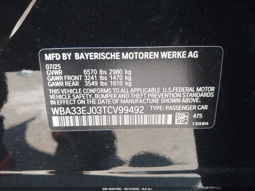 2026 BMW 760I xDrive VIN: WBA33EJ03TCV99492 Lot: 45361993