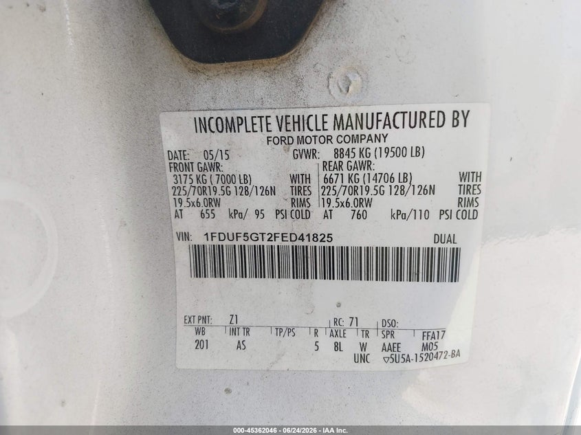 2015 Ford F-550 Chassis Xl VIN: 1FDUF5GT2FED41825 Lot: 45362046