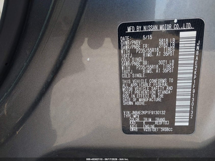 2015 Nissan Quest Platinum/S/Sl/Sv VIN: JN8AE2KP1F9130132 Lot: 45362110