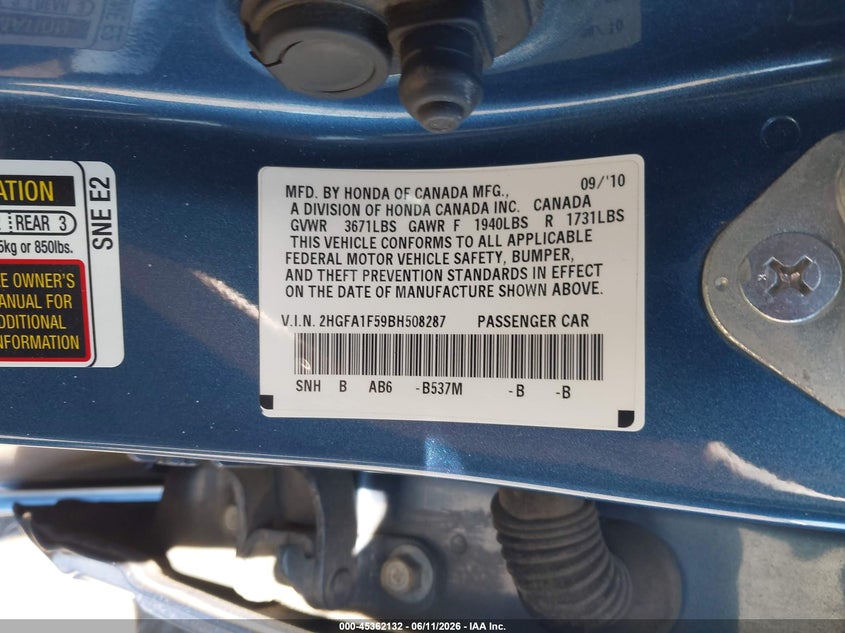 2011 HONDA CIVIC SEDAN 1.8L I-4 VVT, 140HP