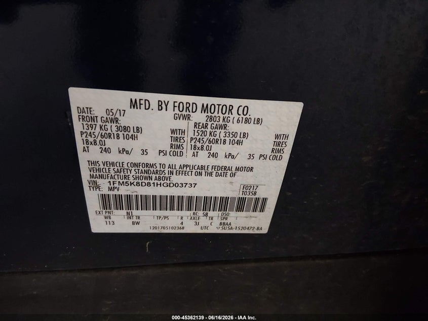 VIN 1FM5K8D81HGD03737 2017 FORD EXPLORER XLT
