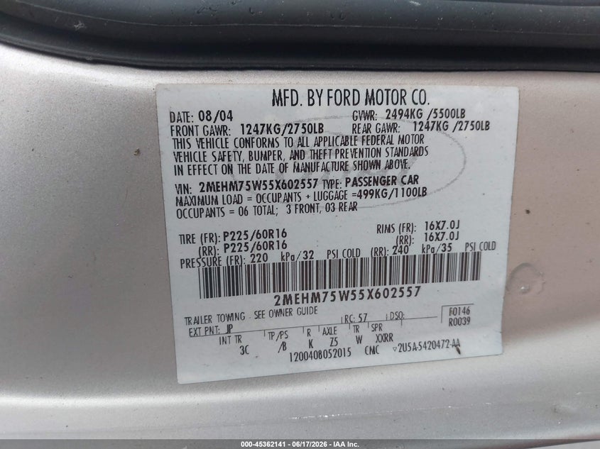 2005 Mercury Grand Marquis Ls/Lse VIN: 2MEHM75W55X602557 Lot: 45362141