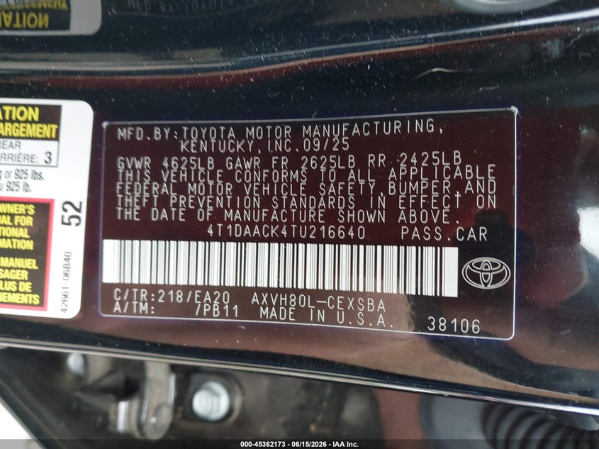 VIN 4T1DAACK4TU216640 2026 TOYOTA CAMRY SE