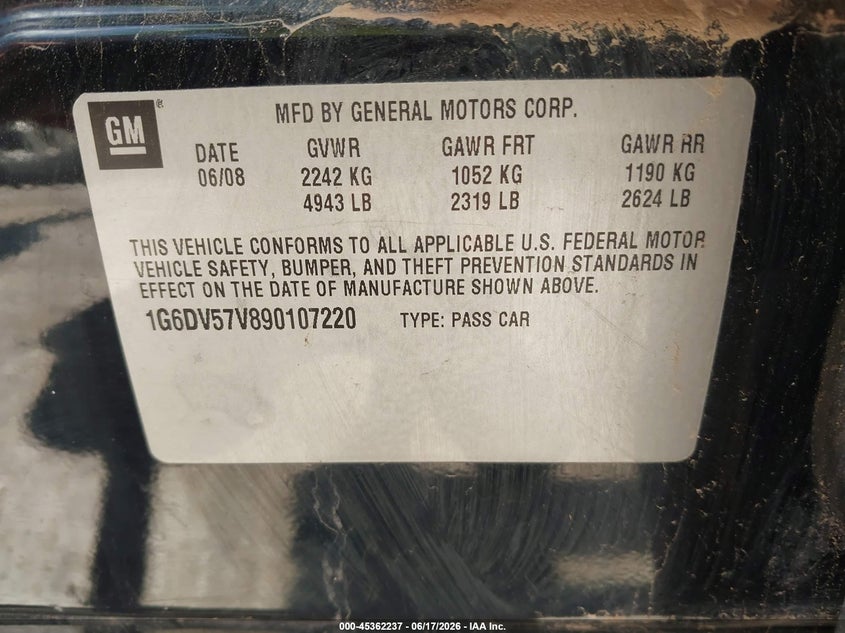 CADILLAC CTS 2009 VIN 1G6DV57V890107220