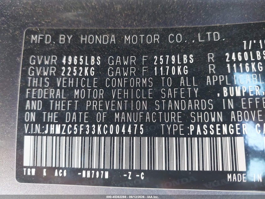2019 Honda Clarity Plug-In Hybrid Touring VIN: JHMZC5F33KC004475 Lot: 45362266