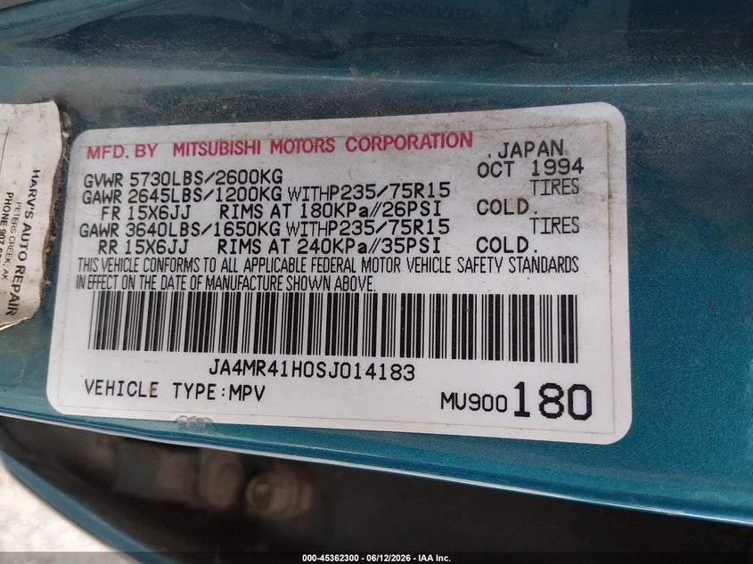 1995 Mitsubishi Montero Ls VIN: JA4MR41H0SJ014183 Lot: 45362300