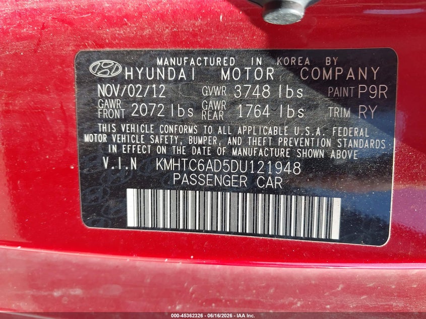2013 Hyundai Veloster Base W/Gray VIN: KMHTC6AD5DU121948 Lot: 45362326