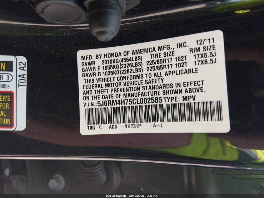2012 HONDA CR-V SPORT UTILITY VEHICLE 2.4L I-4 DOHC, VVT, 185HP