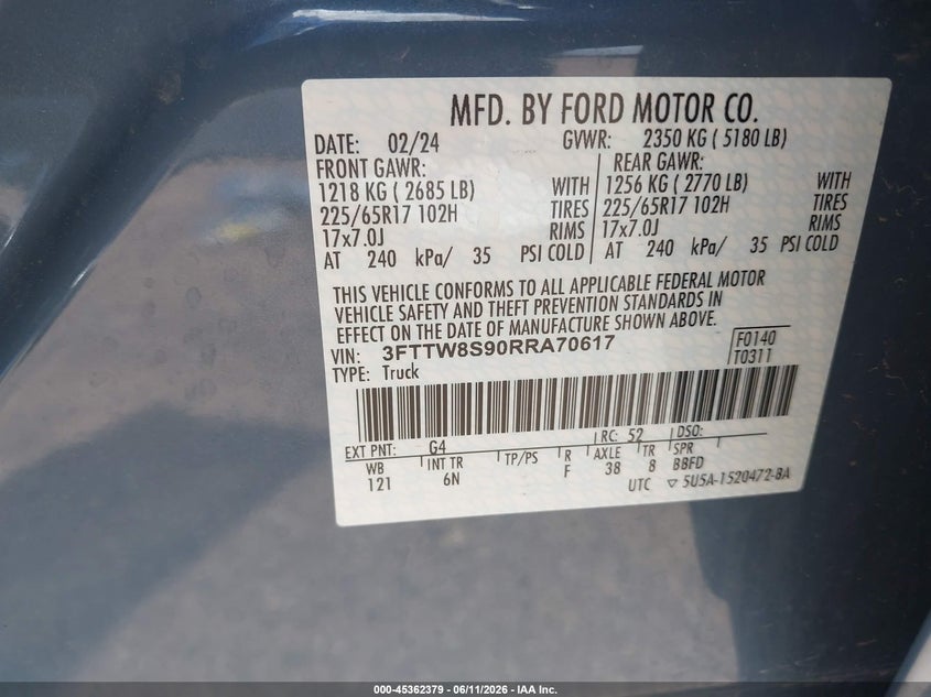 2024 Ford Maverick Lariat VIN: 3FTTW8S90RRA70617 Lot: 45362379