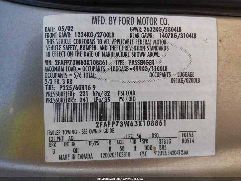 2003 Ford Crown Victoria Standard VIN: 2FAFP73W63X108861 Lot: 45362473