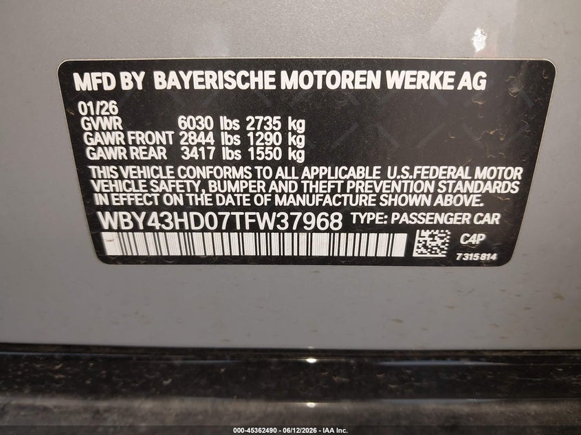 2026 BMW I4 Gran Coupe xDrive40 VIN: WBY43HD07TFW37968 Lot: 45362490