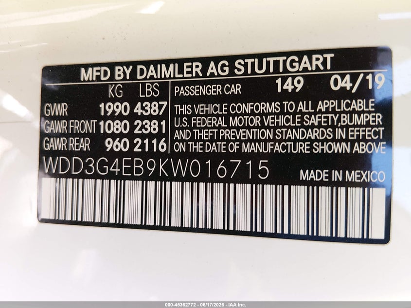 2019 Mercedes-Benz A 220 VIN: WDD3G4EB9KW016715 Lot: 45362772