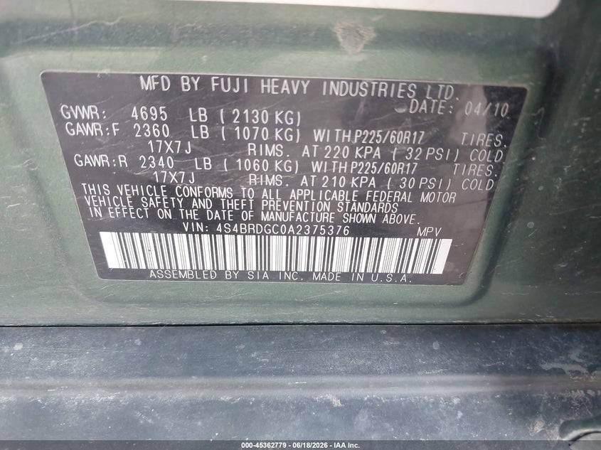 2010 Subaru Outback 3.6R Premium VIN: 4S4BRDGC0A2375376 Lot: 45362779