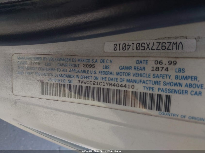 2000 Volkswagen New Beetle Gls VIN: 3VWCC21C1YM404410 Lot: 45362796