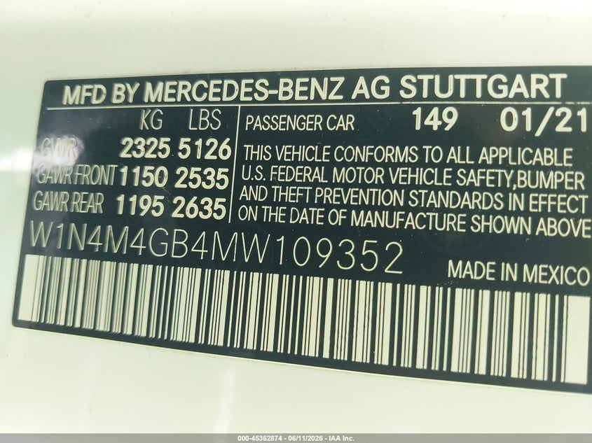 2021 Mercedes-Benz Glb 250 VIN: W1N4M4GB4MW109352 Lot: 45362874