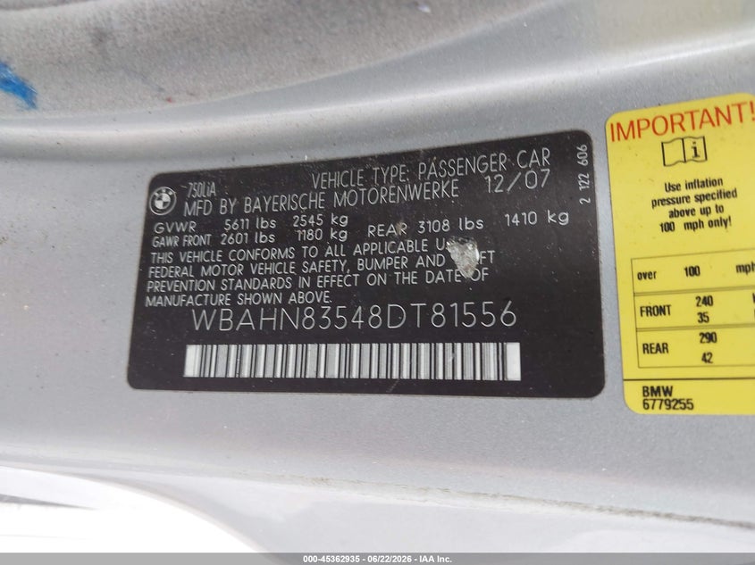 2008 BMW 750Li VIN: WBAHN83548DT81556 Lot: 45362935