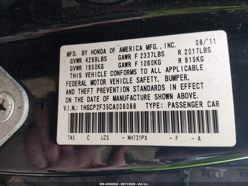 2012 HONDA ACCORD SEDAN 2.4L I-4 DOHC, VVT, 177HP