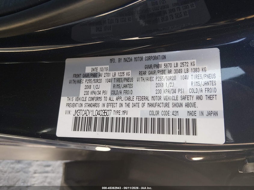 2020 MAZDA CX-9 SPORT UTILITY VEHICLE 2.5L I-4 DI, DOHC, VVT, TURBO, 227HP