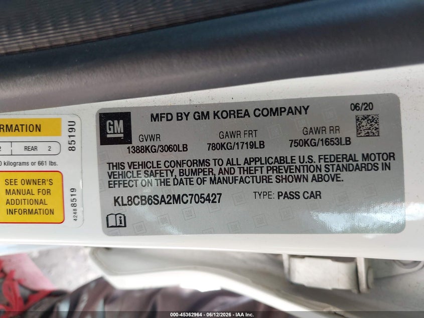 CHEVROLET SPARK 2021 VIN KL8CB6SA2MC705427