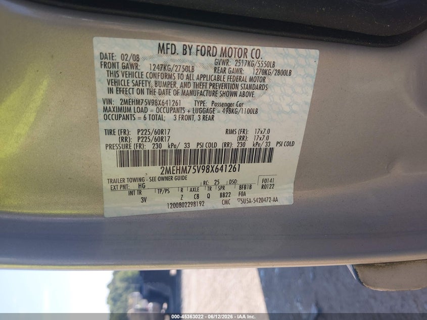 2008 Mercury Grand Marquis Ls VIN: 2MEHM75V98X641261 Lot: 45363022