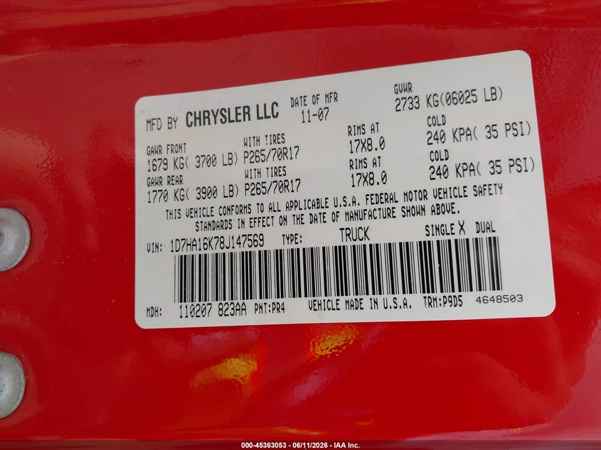 DODGE RAM 1500 2008 VIN 1D7HA16K78J147569