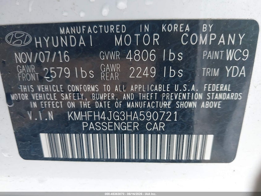 2017 Hyundai Azera Limited VIN: KMHFH4JG3HA590721 Lot: 45363070