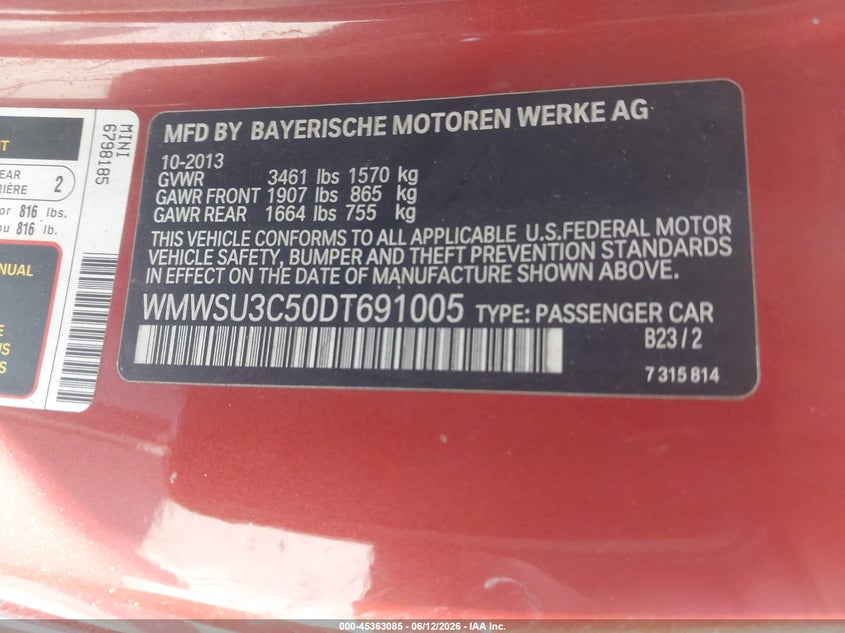 2013 Mini Hardtop Cooper VIN: WMWSU3C50DT691005 Lot: 45363085