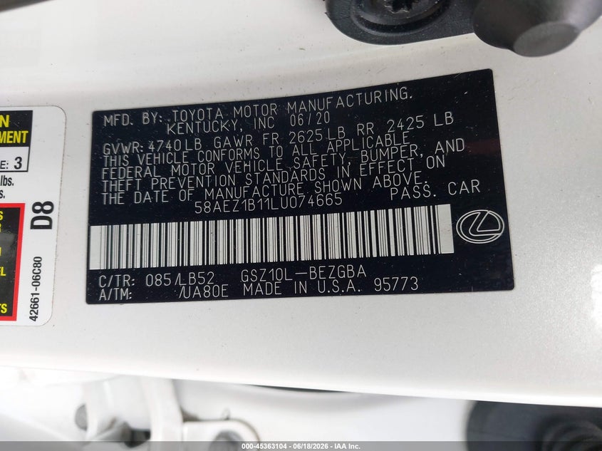 2020 LEXUS ES SEDAN 3.5L V-6 DI, DOHC, VVT, 302HP