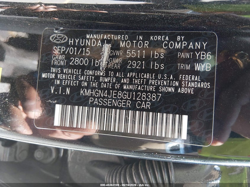2016 Hyundai Genesis 3.8 VIN: KMHGN4JE8GU128387 Lot: 45363109