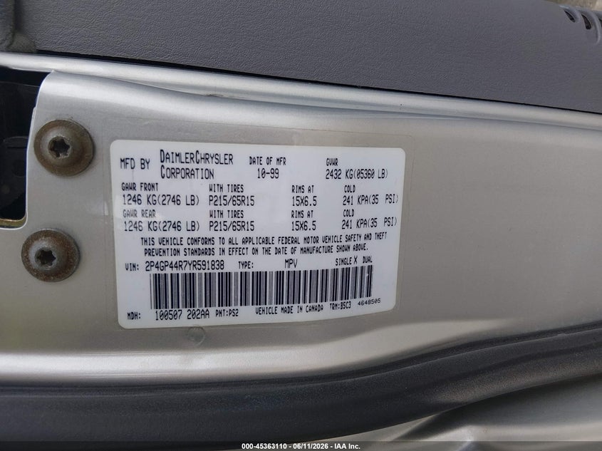 2000 Plymouth Grand Voyager Se VIN: 2P4GP44R7YR591838 Lot: 45363110