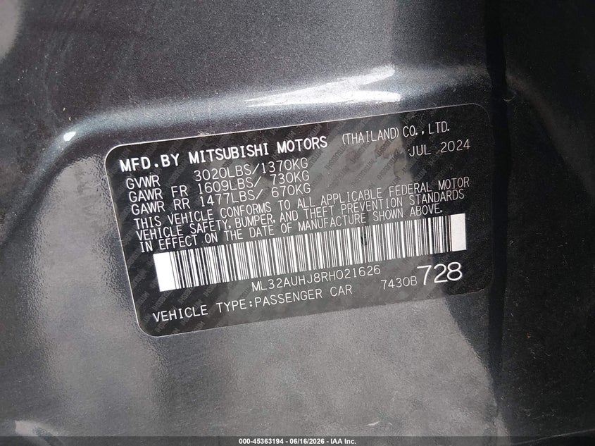 2024 Mitsubishi Mirage Es/Le VIN: ML32AUHJ8RH021626 Lot: 45363194