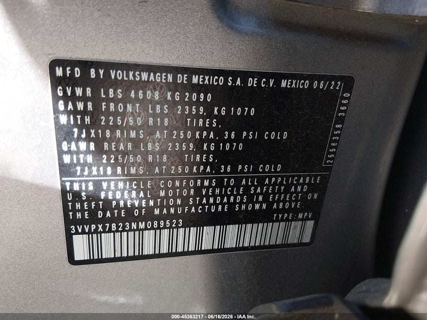2022 Volkswagen Taos 1.5T Se VIN: 3VVPX7B23NM089523 Lot: 45363217